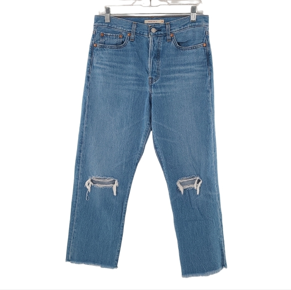 LEVIS Wedgie Straight Button Fly 100% Cotton Distressed Selvedge Jeans SZ 29